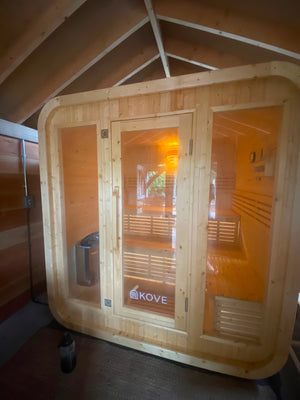 KOVE Cube Sauna 3–4 Person Outdoor Sauna – Premium Spruce Wood, 6kW Harvia Heater, Modern Cube Design - Kove