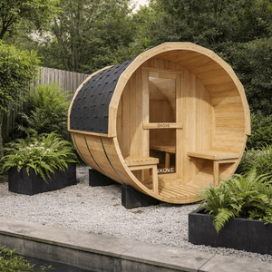 KOVE Outdoor Barrel Sauna – 3–4 Person Garden Sauna with 6kW Harvia Electric Heater - Kove