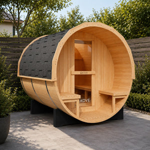 KOVE Outdoor Barrel Sauna – 3–4 Person Garden Sauna with 6kW Harvia Electric Heater - Kove