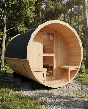 KOVE Outdoor Barrel Sauna – 4–6 Person Garden Sauna with 6kW Harvia Electric Heater - Kove