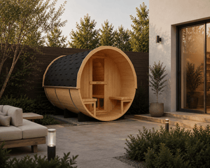 KOVE Outdoor Barrel Sauna – 4–6 Person Garden Sauna with 6kW Harvia Electric Heater - Kove
