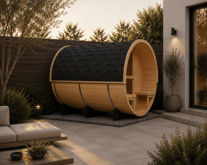 KOVE Outdoor Barrel Sauna – 4–6 Person Garden Sauna with 6kW Harvia Electric Heater - Kove
